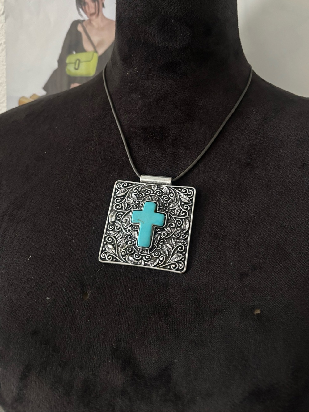 Turquoise Cross Pendant Necklace - Silver Square Filigree